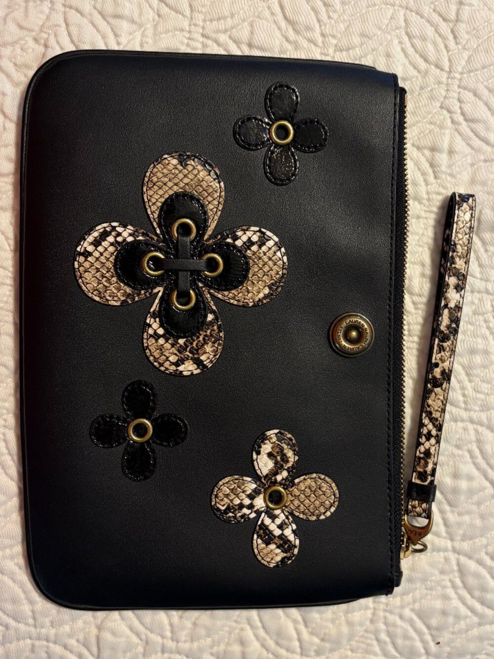 Ralph Lauren Leather and Faux Snake Skin Clutch with Floral Design